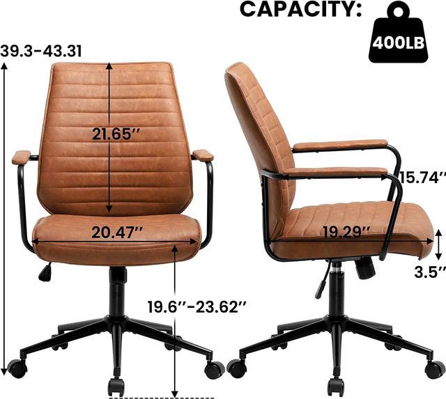 DICTAC Leather Office Chair Brown Desk Chair Mid Century Home Office Desk  Chair with Arms, Adjustable Back 40°, Capacity 400lbs