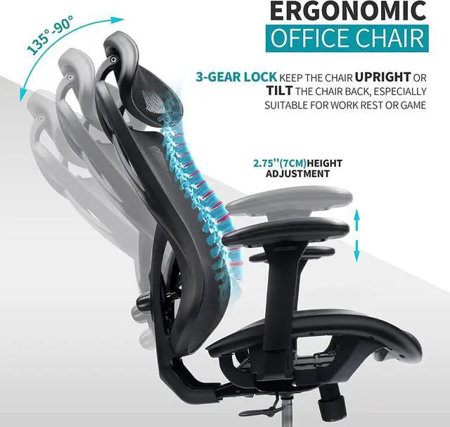Alt view image 5 of 7 - Mesh Office Chair,Ergonomic Office Chairs with Wheels,Adjustable Lumbar Support,Armrest,Headrest-Tilt High Back Desk Chair with Mute Wheel for Office, Home, Gaming