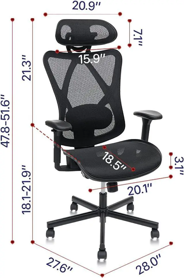 Alt view image 4 of 7 - Mesh Office Chair,Ergonomic Office Chairs with Wheels,Adjustable Lumbar Support,Armrest,Headrest-Tilt High Back Desk Chair with Mute Wheel for Office, Home, Gaming