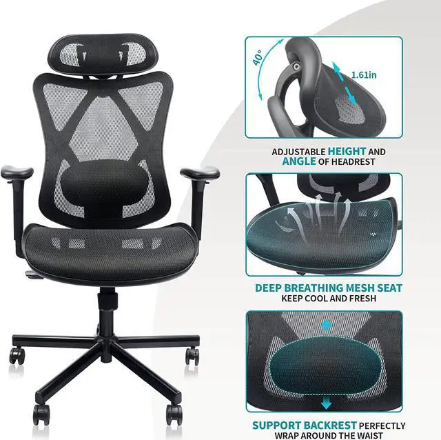 Alt view image 7 of 7 - Mesh Office Chair,Ergonomic Office Chairs with Wheels,Adjustable Lumbar Support,Armrest,Headrest-Tilt High Back Desk Chair with Mute Wheel for Office, Home, Gaming