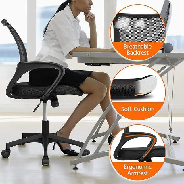 Alt view image 3 of 7 - Yaheetech Office Chair Mid Back Swivel Lumbar Support Desk Chair, Height Adjustable Computer Ergonomic Mesh Chair with Armrest Black, 2-Pack