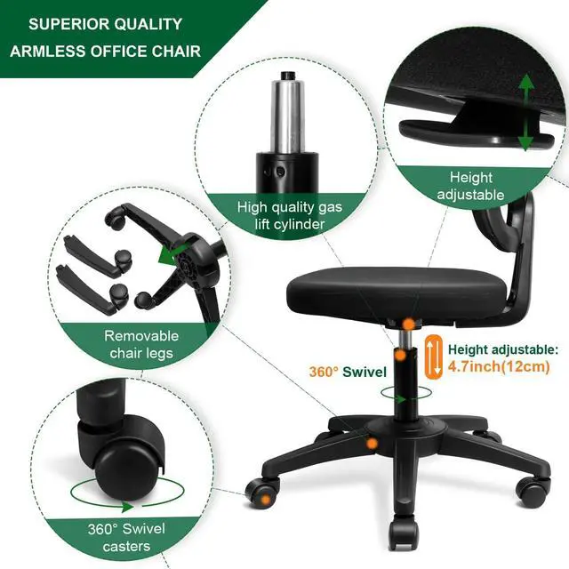 Alt view image 4 of 7 - KOLLIEE Armless Office Chair Mesh Ergonomic Small Desk Chair Armless Adjustable Swivel Black Computer Task Chair No Armrest Mid Back Home Office Chair for Small Spaces