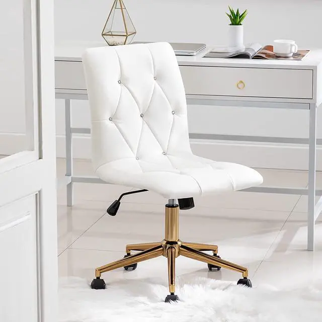 Alt view image 2 of 7 - Duhome Modern Home Office ChairCute White Desk Chair with Gold Base, PU Leather Task Chair Computer Chair Rolling Chair with Wheels, Armless Vanity Chair for Teens