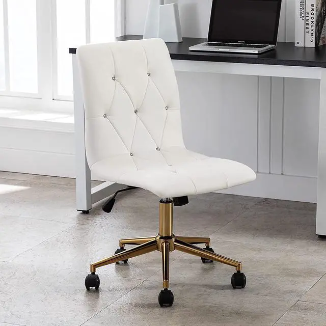 Alt view image 4 of 7 - Duhome Modern Home Office ChairCute White Desk Chair with Gold Base, PU Leather Task Chair Computer Chair Rolling Chair with Wheels, Armless Vanity Chair for Teens