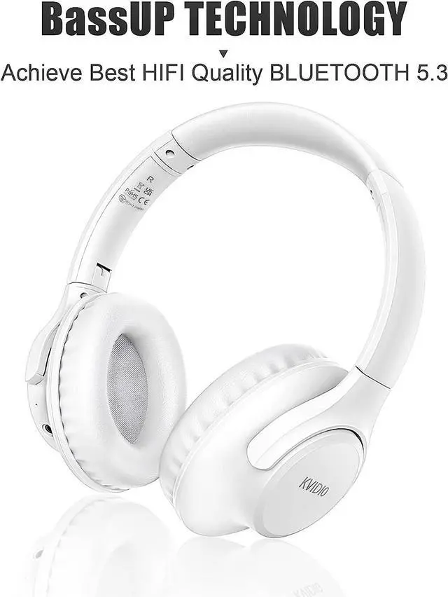 Alt view image 6 of 7 - Bluetooth Headphones Over Ear,K 65 Hours Playtime Wireless Headphones with Microphone,Foldable Lightweight Headset with Deep Bass,HiFi Stereo Sound for Travel Work Laptop PC Cellphone (White)