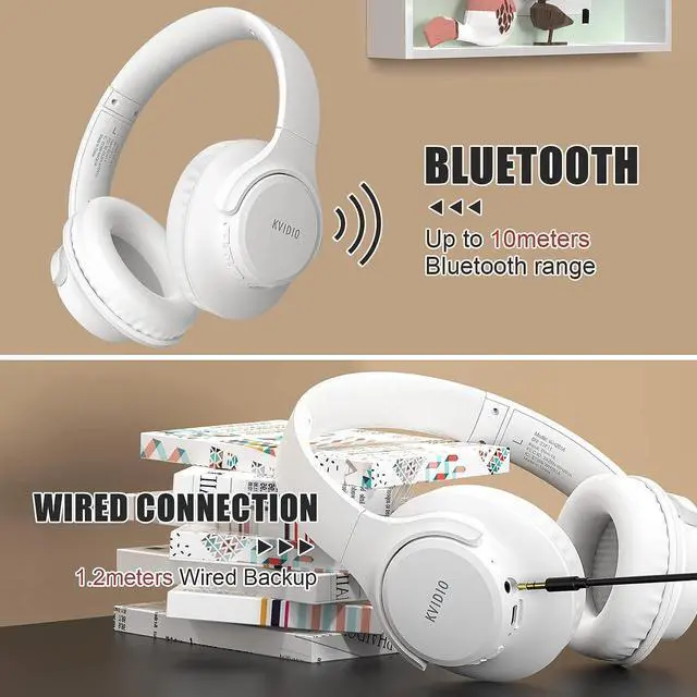 Alt view image 5 of 7 - Bluetooth Headphones Over Ear,K 65 Hours Playtime Wireless Headphones with Microphone,Foldable Lightweight Headset with Deep Bass,HiFi Stereo Sound for Travel Work Laptop PC Cellphone (White)