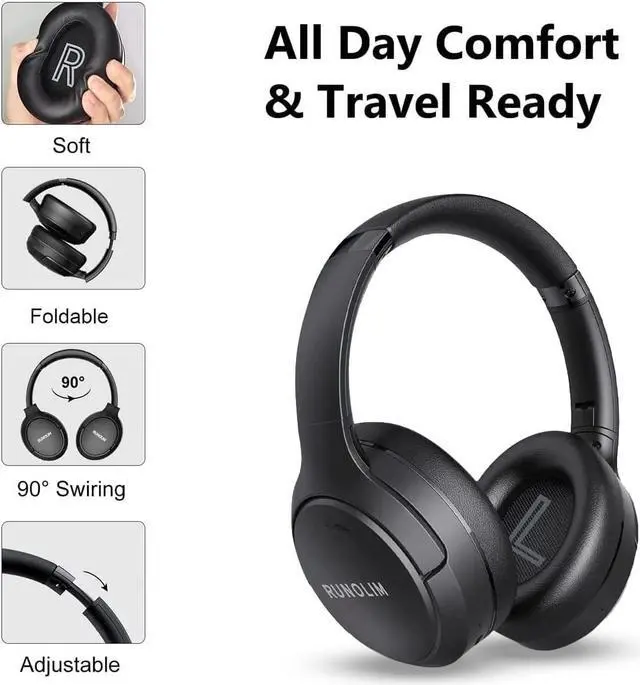 Alt view image 4 of 7 - RUNOLIM Hybrid Active Noise Cancelling Headphones, Wireless Over Ear Bluetooth Headphones with Microphone, 70H Playtime, Foldable Headphones with HiFi Audio, Deep Bass for Home Travel Office