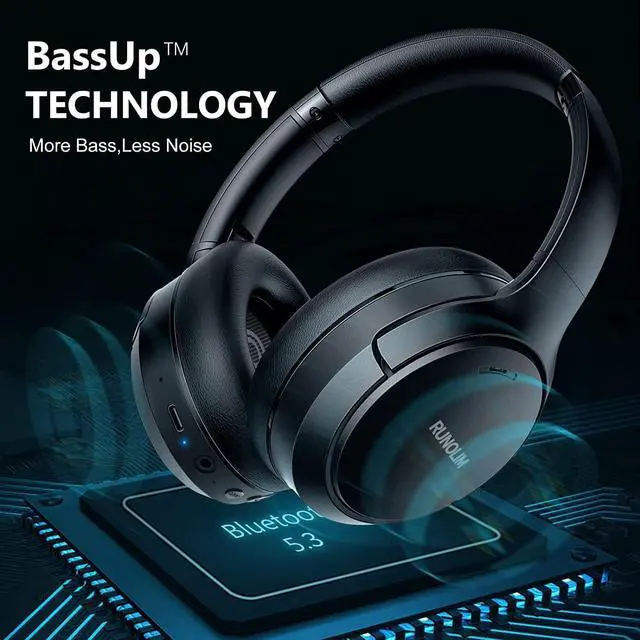 Alt view image 6 of 7 - RUNOLIM Hybrid Active Noise Cancelling Headphones, Wireless Over Ear Bluetooth Headphones with Microphone, 70H Playtime, Foldable Headphones with HiFi Audio, Deep Bass for Home Travel Office