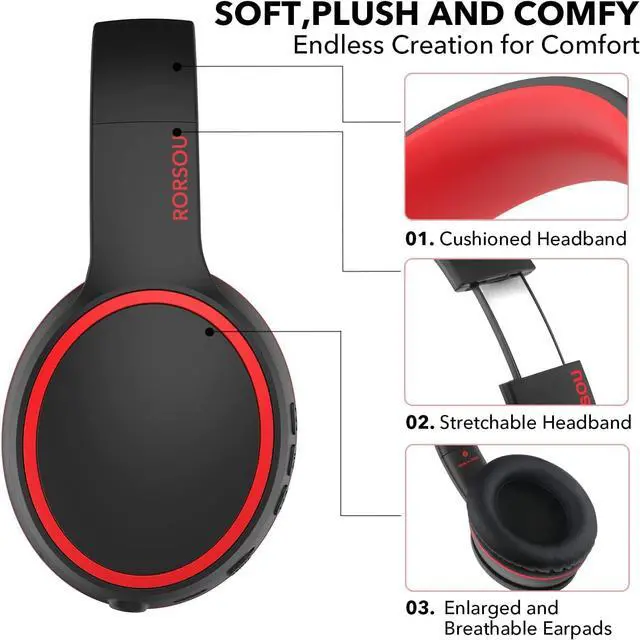 Alt view image 3 of 7 - RORSOU B10 Bluetooth Headphones Over Ear, Lightweight Folding Stereo Bass Wireless Headset with Mic, 50H Playtime, Volume Control, Bluetooth 5.3 Headphones for iPad/Travel/Tablet/PC (Black)