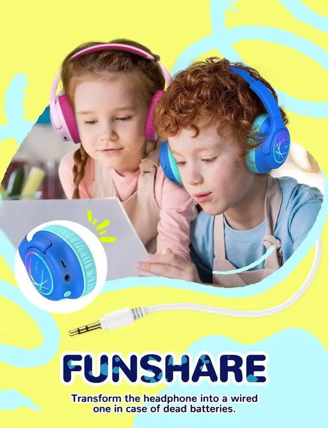 Alt view image 7 of 7 - iClever Kids Bluetooth Headphones with LED Lights, 43H Playtime, Type-C Fast Charging, BTH18 Safe Volume 74/85/94dBA, Bluetooth5.3 Kids Headphones Wireless Aux Cord for iPad/Tablet/Travel/School, Blue