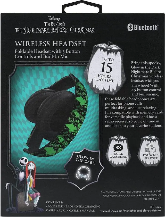 Alt view image 6 of 7 - Disney Nightmare Before Christmas Glow in The Dark Bluetooth Headphones Over Ear, Wireless and Wired Foldable Headset Built-in Microphone - Tim Burton Jack Skellington & Sally - Adults Kids