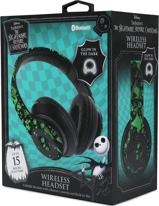 Alt view image 7 of 7 - Disney Nightmare Before Christmas Glow in The Dark Bluetooth Headphones Over Ear, Wireless and Wired Foldable Headset Built-in Microphone - Tim Burton Jack Skellington & Sally - Adults Kids