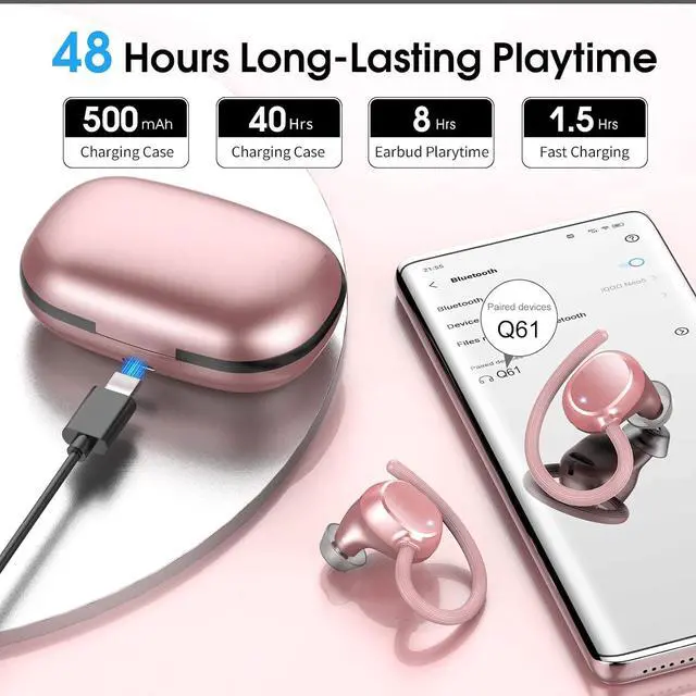 Alt view image 2 of 6 - Wireless Earbuds for Small Ear, HiFi Stereo Sport Bluetooth 5.3 Headphones with Earhooks, 48H Deep Bass Running Ear Buds with LED Display, Noise Cancelling, IP7 Waterproof Built-in Mic for iOS Android