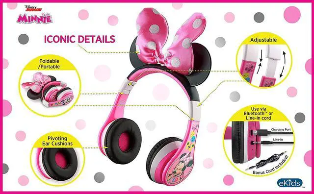 Alt view image 3 of 7 - eKids Minnie Mouse Kids Bluetooth Headphones, Wireless with Microphone Includes Aux Cord, Volume Reduced Foldable Headphones for School, Home, or Travel, Pink