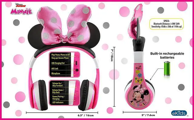 Alt view image 4 of 7 - eKids Minnie Mouse Kids Bluetooth Headphones, Wireless with Microphone Includes Aux Cord, Volume Reduced Foldable Headphones for School, Home, or Travel, Pink