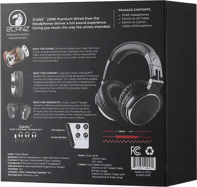 Alt view image 4 of 7 - 2CANZ Over-Ear Professional Wired DJ Headphones - 50mm Neodymium Drivers, Closed Back, Plush Comfrasoft Ear Cushions, 8-Way Adjustable Earpads, Foldable, and Joint Listening