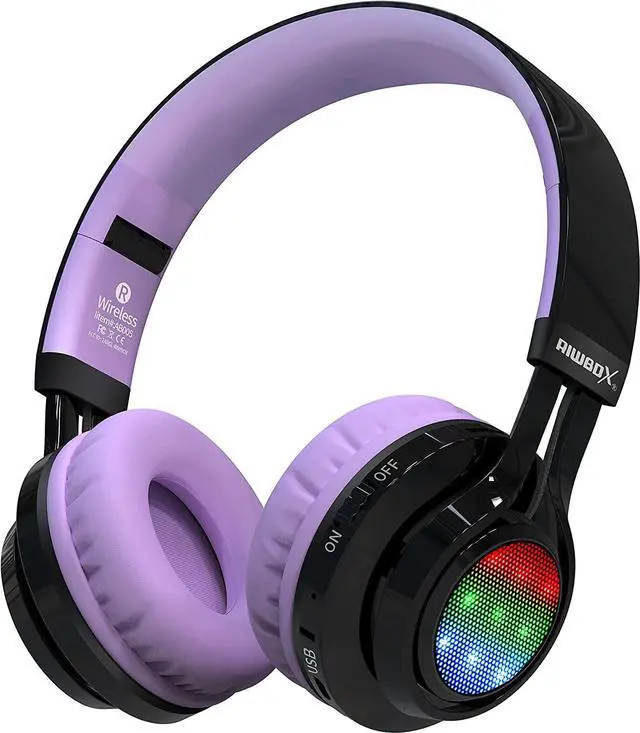 Main image of Riwbox Bluetooth Headphones for Kids, AB005 Wireless Kids Headphones V5.3 with Microphone Foldable Headset with LED Light and TF Card FM Radio Compatible for Tablet PC TV (Black&Purple)