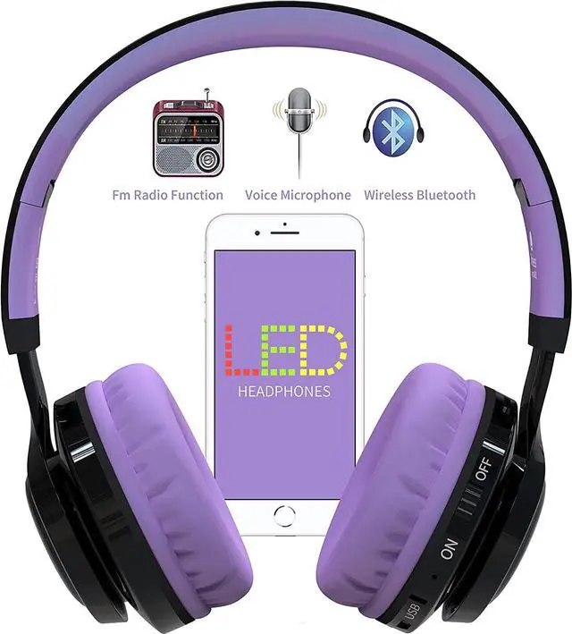 Alt view image 2 of 6 - Riwbox Bluetooth Headphones for Kids, AB005 Wireless Kids Headphones V5.3 with Microphone Foldable Headset with LED Light and TF Card FM Radio Compatible for Tablet PC TV (Black&Purple)