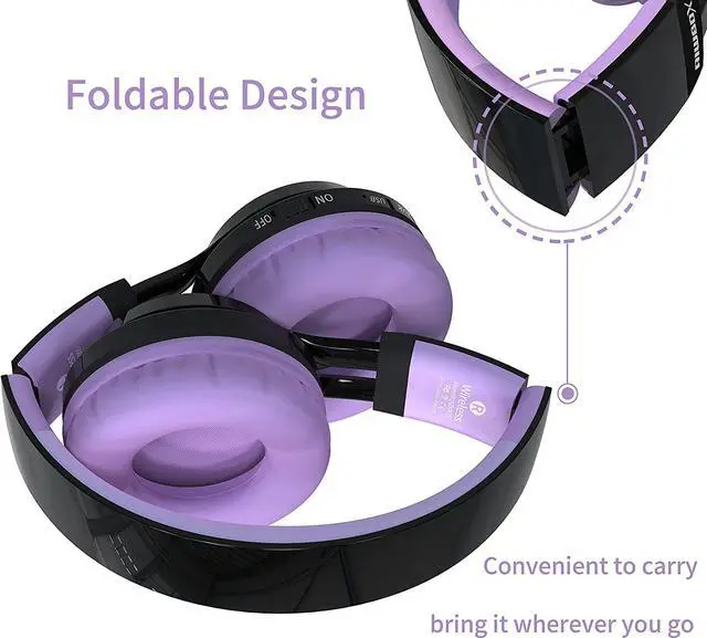Alt view image 3 of 6 - Riwbox Bluetooth Headphones for Kids, AB005 Wireless Kids Headphones V5.3 with Microphone Foldable Headset with LED Light and TF Card FM Radio Compatible for Tablet PC TV (Black&Purple)