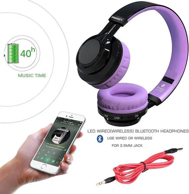 Alt view image 4 of 6 - Riwbox Bluetooth Headphones for Kids, AB005 Wireless Kids Headphones V5.3 with Microphone Foldable Headset with LED Light and TF Card FM Radio Compatible for Tablet PC TV (Black&Purple)