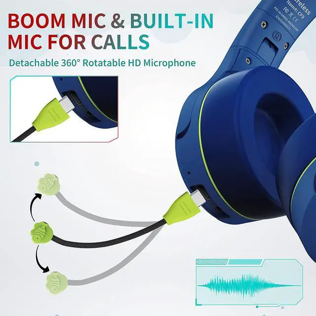 Alt view image 2 of 7 - Riwbox CF9 Cat Ear Kids Bluetooth Headphones with LED Light Up,Safe 85dB Volume Limit,Built-in Mic&Boom Mic for Calls,Kids Wireless&Wired Headphones for Tablet/Airplane/School/Online Learning(Blue)