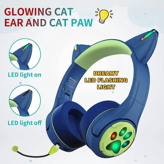 Alt view image 3 of 7 - Riwbox CF9 Cat Ear Kids Bluetooth Headphones with LED Light Up,Safe 85dB Volume Limit,Built-in Mic&Boom Mic for Calls,Kids Wireless&Wired Headphones for Tablet/Airplane/School/Online Learning(Blue)
