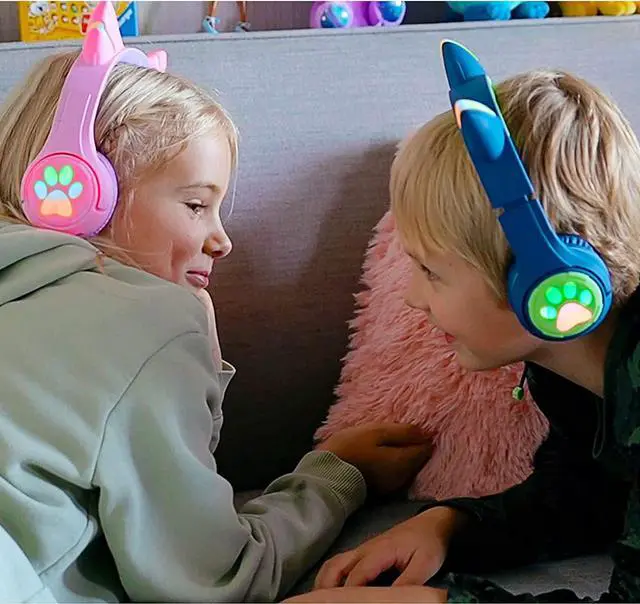 Alt view image 6 of 7 - Riwbox CF9 Cat Ear Kids Bluetooth Headphones with LED Light Up,Safe 85dB Volume Limit,Built-in Mic&Boom Mic for Calls,Kids Wireless&Wired Headphones for Tablet/Airplane/School/Online Learning(Blue)