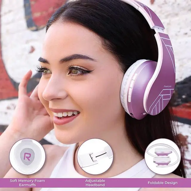 Alt view image 2 of 7 - PowerLocus Bluetooth Headphones Over Ear, Wireless Headphones with Microphone, Foldable Headphone, Soft Memory Foam Earmuffs & Lightweight, Micro SD/TF,FM Radio for iPhone/Android/Tablet/PC/TV(Purple)