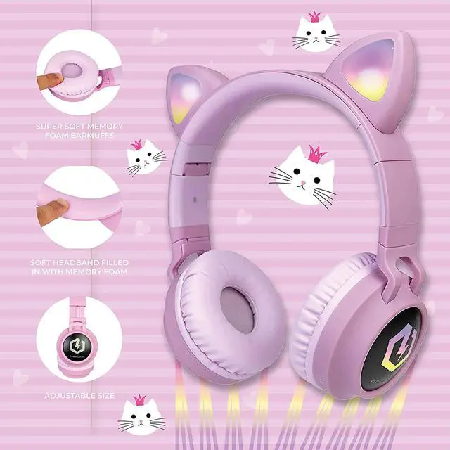 Alt view image 3 of 7 - PowerLocus Kids Cat Ear Headphones, Bluetooth 5.3 Wireless, LED Lights, Safe Volume Limit, Micro SD/TF, for iPad, Tablet, Travel (Pink)