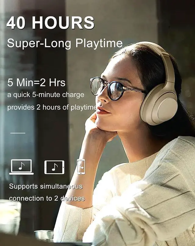 Alt view image 4 of 6 - Wireless Bluetooth Headphones Over Ear, 40 Hours Playtime Wireless Headphones with Microphone,Foldable Light Weight Headset with HiFi Stereo Sound for Travel Work (Beige)