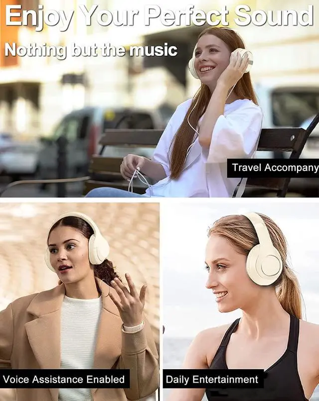 Alt view image 6 of 6 - Wireless Bluetooth Headphones Over Ear, 40 Hours Playtime Wireless Headphones with Microphone,Foldable Light Weight Headset with HiFi Stereo Sound for Travel Work (Beige)