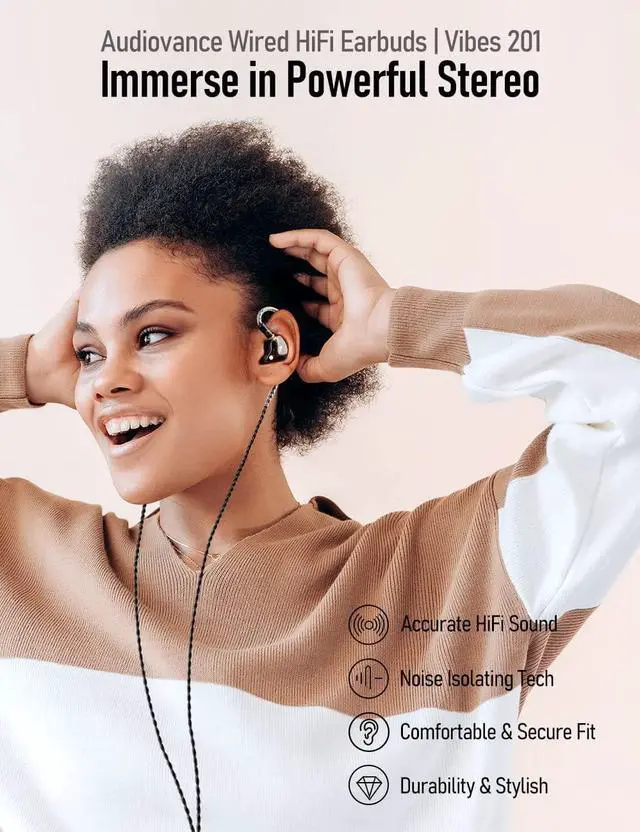Alt view image 2 of 7 - Audiovance Vibes 201L Wired Earbuds in Ear Headphones, with 3.5mm to Lightning Adapter for iPhone, Noise Cancelling Bass Driven, Secure & Comfort Fit, Braided Cord, Carry Case (Clear Brown, No Mic)