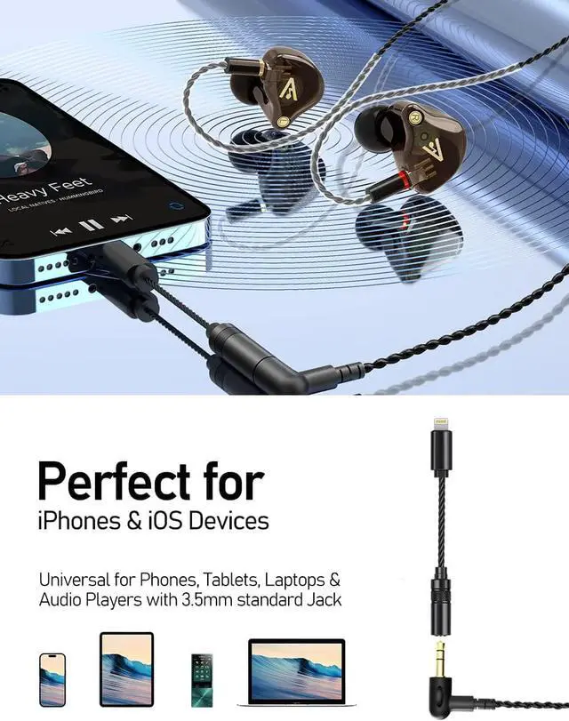 Alt view image 4 of 7 - Audiovance Vibes 201L Wired Earbuds in Ear Headphones, with 3.5mm to Lightning Adapter for iPhone, Noise Cancelling Bass Driven, Secure & Comfort Fit, Braided Cord, Carry Case (Clear Brown, No Mic)