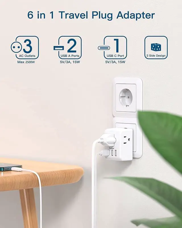 Alt view image 2 of 6 - 2 Pack European Travel Plug Adapter International Power Adapter with 3 Outlets 3 USB Ports(1 USB C) Type C Plug Adaptor for US to Europe Italy Spain France Germany Iceland Travel Essentials