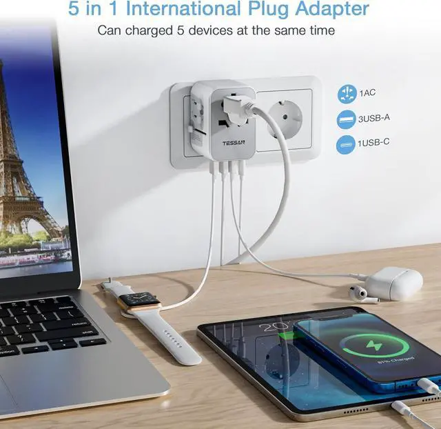 Alt view image 4 of 6 - TESSAN International Plug Adapter, Universal Power Adaptor with 4 USB Ports (1 USB C), Worldwide Travel Essentials Wall Charger for USA to Europe France Germany Spain Ireland Australia(Type C/G/A/I)
