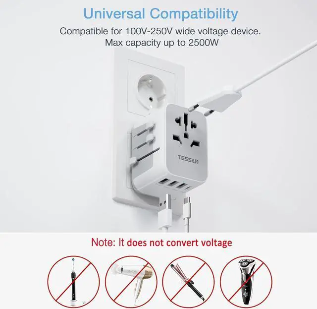 Alt view image 5 of 6 - TESSAN International Plug Adapter, Universal Power Adaptor with 4 USB Ports (1 USB C), Worldwide Travel Essentials Wall Charger for USA to Europe France Germany Spain Ireland Australia(Type C/G/A/I)