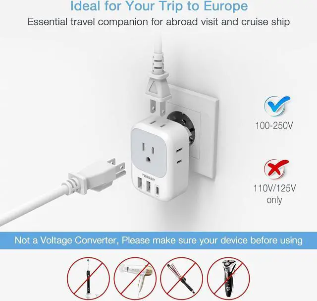 Alt view image 5 of 6 - 2 Pack European Plug Adapter USB C US to Europe Plug Adapter with 4 Outlets 3 USB Charger Type C Power Adaptor to Italy Spain France Portugal Iceland Germany Gray White
