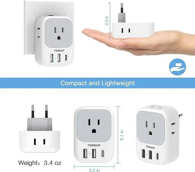 Alt view image 6 of 6 - 2 Pack European Plug Adapter USB C US to Europe Plug Adapter with 4 Outlets 3 USB Charger Type C Power Adaptor to Italy Spain France Portugal Iceland Germany Gray White