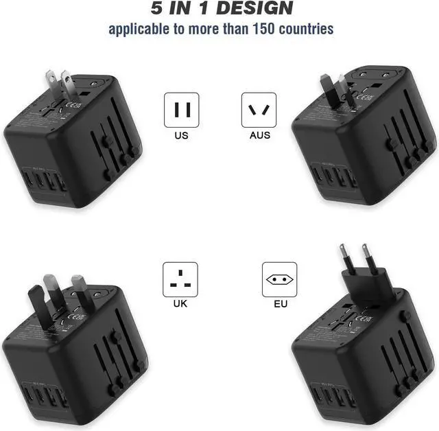 Alt view image 2 of 7 - RXSQUL Universal International Power Travel Plug Adapter, 5 in 1 European Travel Plug Adapter W/ 3.5A 2xUSB-A and 2xUSB C Wall Charger and Worldwide AC Outlet for Europe USA UK AUS Asia-Black