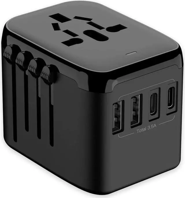 Main image of RXSQUL Universal International Power Travel Plug Adapter, 5 in 1 European Travel Plug Adapter W/ 3.5A 2xUSB-A and 2xUSB C Wall Charger and Worldwide AC Outlet for Europe USA UK AUS Asia-Black