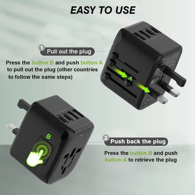 Alt view image 3 of 7 - RXSQUL Universal International Power Travel Plug Adapter, 5 in 1 European Travel Plug Adapter W/ 3.5A 2xUSB-A and 2xUSB C Wall Charger and Worldwide AC Outlet for Europe USA UK AUS Asia-Black