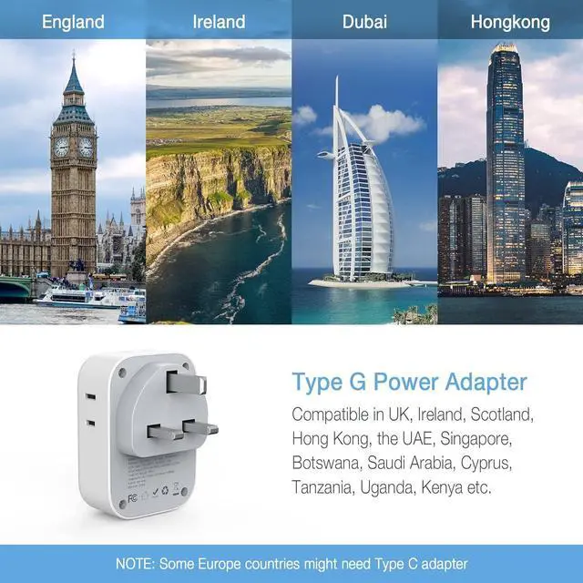 Alt view image 4 of 6 - US to UK Plug Adapter, TESSAN Type G Ireland Travel Adaptor with 4 Electrical Outlet 3 USB Charger, USA to England Scotland London Dubai Hong Kong Singapore Kenya British Malaysia Tanzania