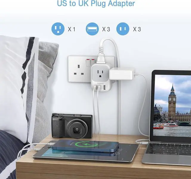 Alt view image 2 of 6 - US to UK Plug Adapter, TESSAN Type G Ireland Travel Adaptor with 4 Electrical Outlet 3 USB Charger, USA to England Scotland London Dubai Hong Kong Singapore Kenya British Malaysia Tanzania
