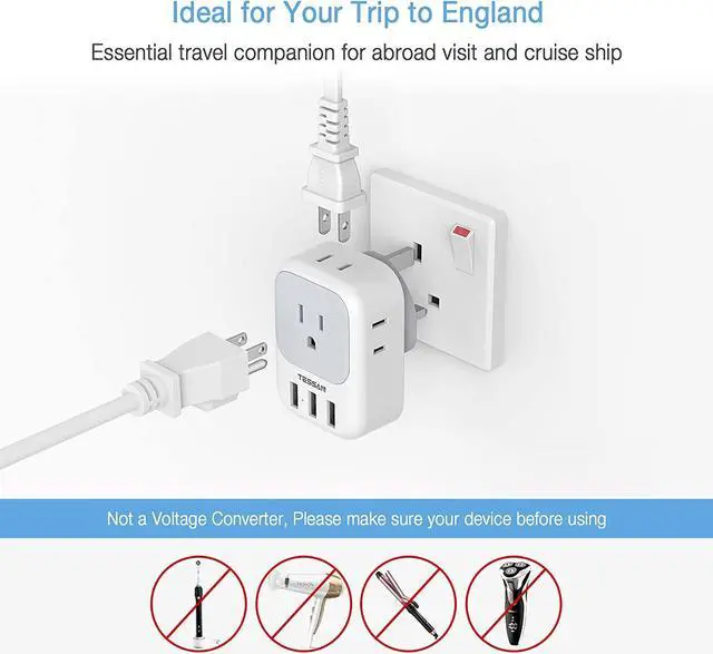 Alt view image 5 of 6 - US to UK Plug Adapter, TESSAN Type G Ireland Travel Adaptor with 4 Electrical Outlet 3 USB Charger, USA to England Scotland London Dubai Hong Kong Singapore Kenya British Malaysia Tanzania