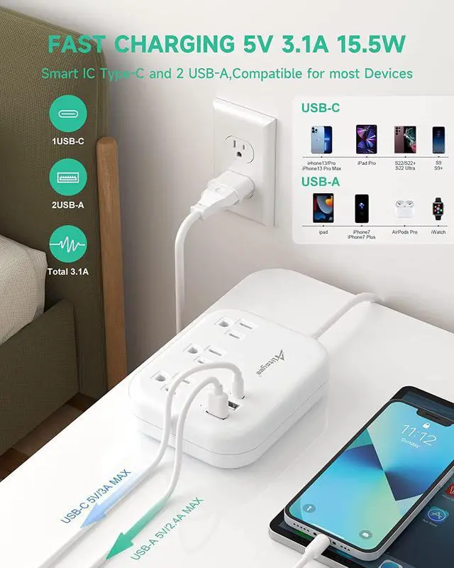 Alt view image 4 of 7 - European Travel Plug Adapter, Alitayee EU/UK/US Travel Power Strip with 3 Outlets 3 USB Ports, International Universal Plug Adapter with 3ft Extension Cord to EU UK Italy Spain France Germany Cruise