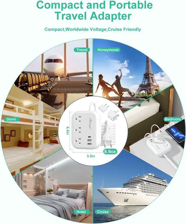Alt view image 7 of 7 - European Travel Plug Adapter, Alitayee EU/UK/US Travel Power Strip with 3 Outlets 3 USB Ports, International Universal Plug Adapter with 3ft Extension Cord to EU UK Italy Spain France Germany Cruise