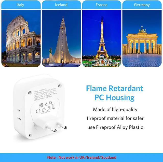 Alt view image 5 of 7 - [2-Pack] European Travel Plug Adapter, International Power Plug Adapter with USB C 20W 4 Outlets 3 Fast Charge Ports (PD&QC), Type C Plug Adapter Travel Essentials to Europe Spain Italy France Germany