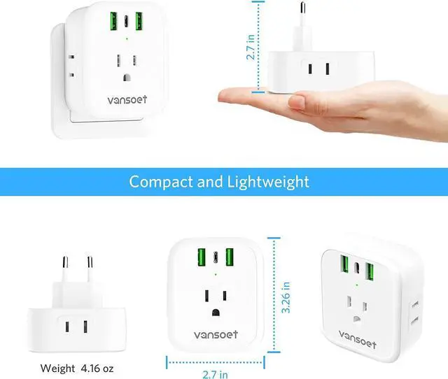 Alt view image 7 of 7 - [2-Pack] European Travel Plug Adapter, International Power Plug Adapter with USB C 20W 4 Outlets 3 Fast Charge Ports (PD&QC), Type C Plug Adapter Travel Essentials to Europe Spain Italy France Germany