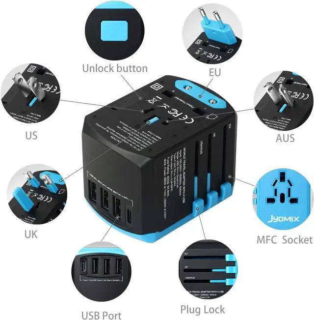 Alt view image 2 of 7 - All in One Universal USB Travel Power Adapter with 3 USB Port and Type-C International Wall Charger Worldwide AC Power Plug 8 Pin AC Socket for Multi-Nation Travel UK, EU, AU, Asia