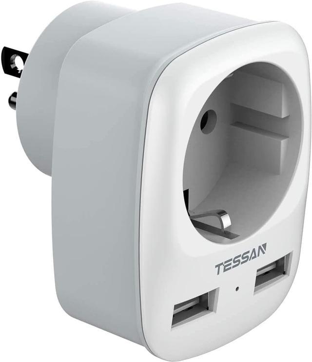 TESSAN Europe to US Plug with AC Outlet and 2 USB Ports, EU US Plug Adapter, European to US Travel Converter, Most of Europe EU Spain Germany France C/E/F